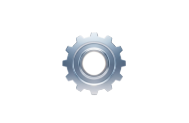 Closeup studio shot of a single, metallic, silver gear wheel with a central hole, isolated on transparent background, symbolizing industry, machinery, and engineering precision
