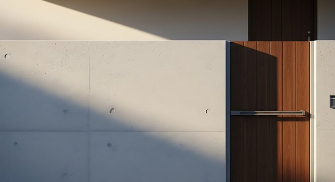 Modern minimalist facade featuring raw concrete and a wooden door element