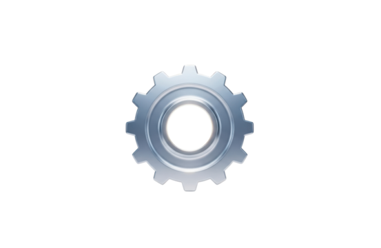Closeup studio shot of a single, metallic, silver gear wheel with a central hole, isolated on transparent background, symbolizing industry, machinery, and engineering precision
