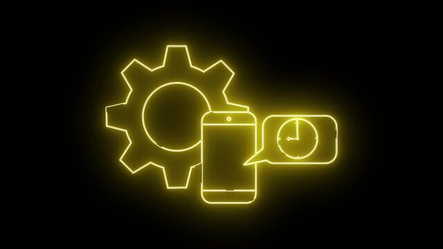 Yellow neonstyle icons of a gear phone  clock inside a speech bubble set against a black background