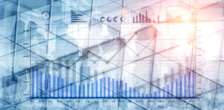 Modern office environment showcasing an abstract financial growth chart with digital graphs, symbolizing teamwork and data analysis in a corporate setting. Scalp