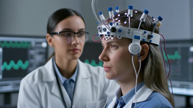 Two female scientists conducting an experiment with a brain-monitoring headset in a modern laboratory setting.