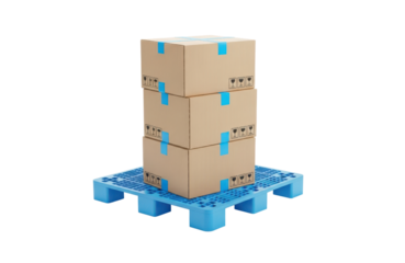 Three stacked cardboard shipping boxes secured with blue tape resting on a bright blue plastic pallet, isolated on transparent background for logistics and delivery concept