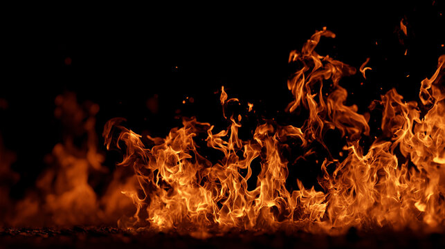 Slow-motion flames rising upward against a pure black background, creating a dramatic, intense, and cinematic fire effect that highlights motion, heat, and glowing embers in vivid detail