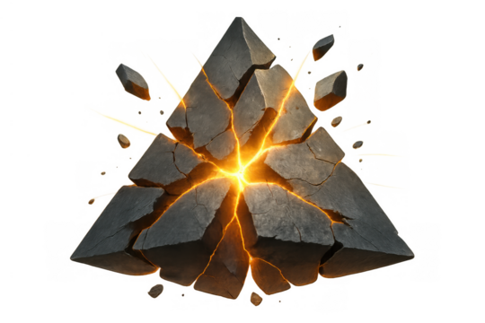 Stone pyramid shattering with glowing energy core, bursting power and light, abstract transformation concept