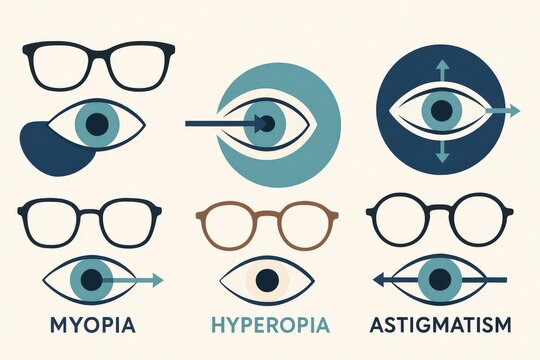Visual Representation of Common Eye Conditions Myopia Hyperopia and Astigmatism with Eye Diagrams and Glasses Illustrating Diverse Vision Challenges and Corrective Solutions