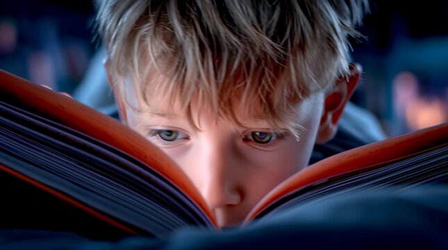 Child reading book indoors at night under soft bokeh light with gentle focus and subtle emotional expression in cozy calm atmosphere