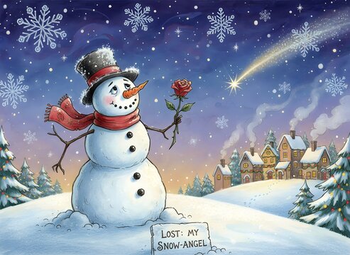Lonely Snowman Holding a Rose Under Winter Night Sky - Powered by Adobe