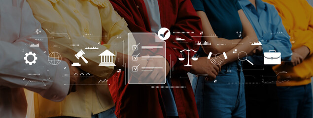 A diverse group of professionals stands together, showcasing teamwork and collaboration. Icons related to technology and law highlight a modern workplace atmosphere. Trope
