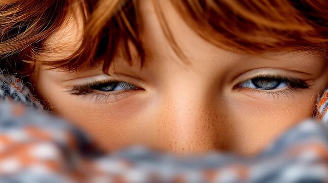 Close up of blue eye with freckle and soft hair framing face and skin wrapped in cozy scarf showing calm dreamy expression of child