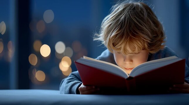Child reading book indoors at night under soft bokeh light with gentle focus and subtle emotional expression in cozy calm atmosphere