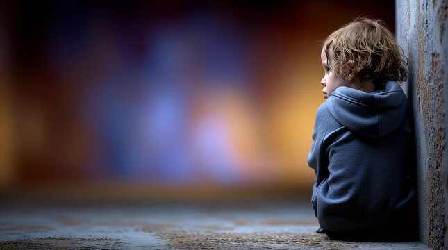 Child sitting alone on floor near wall wearing hoodie with blonde hair under soft light and blurred colorful background evoking quiet reflective mood