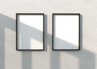 Minimalist Wooden Photo Frames on Textured Wall with Sunlight Shadows, Mockup Template