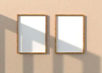 Minimalist Wooden Photo Frames on Textured Wall with Sunlight Shadows, Mockup Template