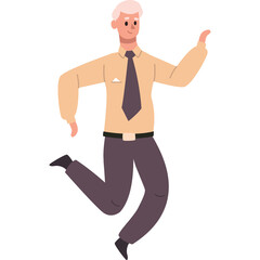 Smiling Caucasian Man With Blonde Hair Wearing A Tan Long Sleeved Shirt Dark Tie And Grey Pants Happily Jumping With Joy In A Studio Setting