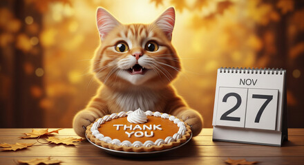 Funny fluffy ginger cat holding pumpkin pie with Thank You inscription gratitude next to calendar showing November 27 Thanksgiving Day concept.