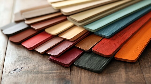Assorted paint colors for wooden planks on a wooden surface.  Possible use Interior design, home improvement