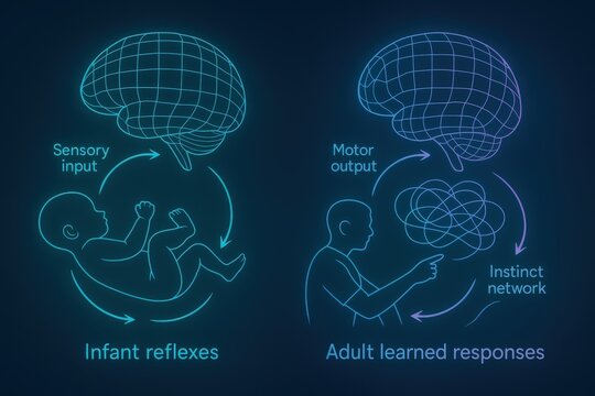 Exploring the Cognitive Development Pathways from Infant Reflexes to Adult Learned Responses in Complex Neural Networks Highlighting Sensory and Motor Integration