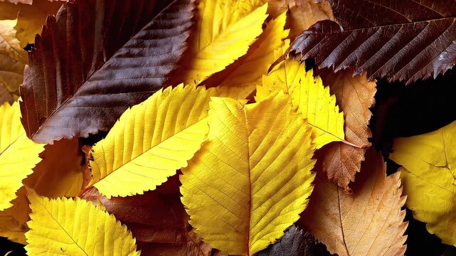 Assorted fall leaves yellow brown ochre and mahogany Closeup view