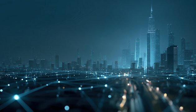 Futuristic Cyberpunk Night Cityscape Render With Glowing Lights And 5g Technology Network. Immersive Sci-Fi Capital City And Building Scene. Beyond Generations.