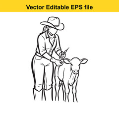 Cowgirl in a hat and boots tending to a calf, line art illustration of agricultural work on a farm, vector graphic