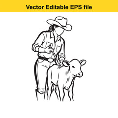 Cowgirl with a calf, vector illustration, isolated on