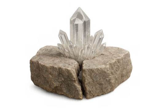 Clear quartz crystal cluster growing from splitting rock on transparent background, geology and healing concept