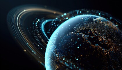 Futuristic Hologram Of Planet Earth: Digital Map Dots, Hi-Tech Hud Circles, Abstract Rings, Stars, Global Communication System.