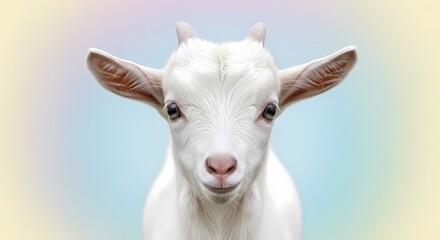 A close-up portrait of a cute white baby goat with small horns looking directly at the camera against a soft pastel background.