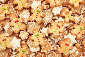 Homemade gingerbread sugar cookies, festive Christmas and New Year sweeties background card