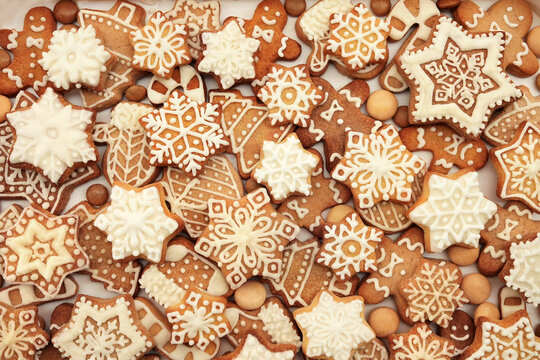 Homemade gingerbread sugar cookies, festive Christmas and New Year sweeties background card