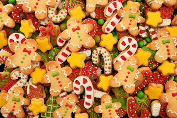 Homemade gingerbread sugar cookies, festive Christmas and New Year sweeties background card