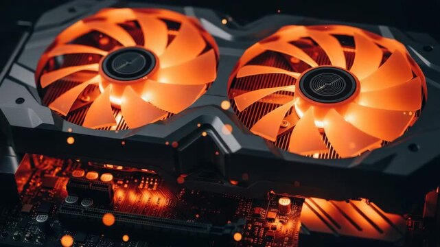 High-Performance Computing: Close-up of Twin Orange Lit Fans on a Graphics Card in a Server, Data Processing - Powered by Adobe