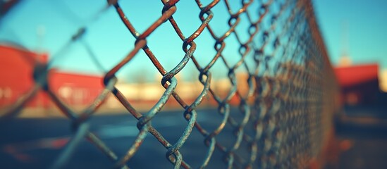 Close-up of rusty chain link fence against blurred background.