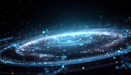 Futuristic Earth Hologram Featuring Glowing Digital Map And Hi-Tech Circles In Orbit With Stars. Global Communication System Concept.