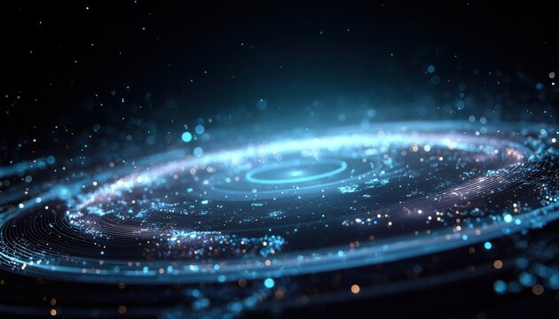 Futuristic Earth Hologram Featuring Glowing Digital Map And Hi-Tech Circles In Orbit With Stars. Global Communication System Concept.