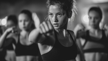 Real Group Body Combat Workout: Women In Black And White Sportswear Train For Kickboxing With A Trainer In The Gym.