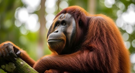 A close-up shot of a majestic orangutan with reddish-brown fur, resting on a tree branch in its natural jungle habitat, looking thoughtfully into the distance.