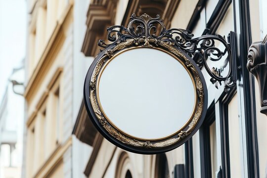 Blank vintage round sign on ornate metal frame attached to street building facade in urban city setting with historic architecture.