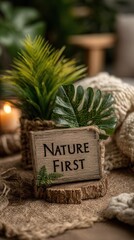 Holistic and Sustainable Lifestyle Resolutions, green plants and rustic 'Nature First' sign displayed in cozy fiber-filled interior with soft lighting, embracing eco-first indoor lifestyle