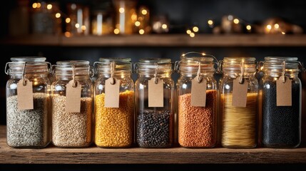 Holistic and Sustainable Lifestyle Resolutions, pantry jars filled with lentils, pasta, and grains neatly arranged on rustic kitchen shelf with warm ambient lighting, reflecting zero-waste habits