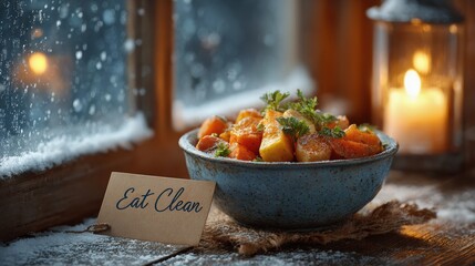 Holistic and Sustainable Lifestyle Resolutions, bowl of hearty root vegetable stew placed by snowy window and candlelight beside 'Eat Clean' sign, emphasizing cozy clean eating, immune support