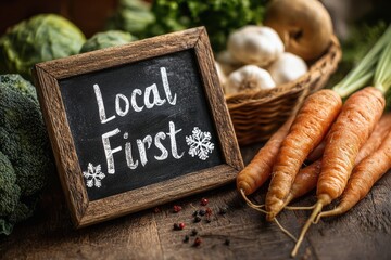 Holistic and Sustainable Lifestyle Resolutions, carrots, broccoli, and garlic arranged on rustic wood surface beside 'Local First' chalkboard sign, emphasizing seasonal farm-fresh produce