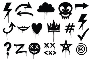 Collection of black graffiti elements with dripping paint effect for urban art and street style designs