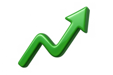 Green glossy zig-zag arrow pointing up, symbolizing business growth, financial increase, market success, and progress