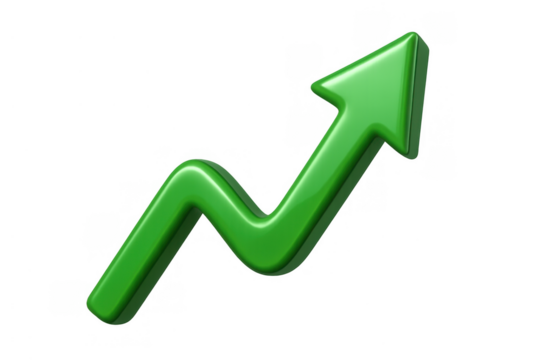 Green glossy zig-zag arrow pointing up, symbolizing business growth, financial increase, market success, and progress - Powered by Adobe