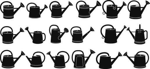 Collection of eighteen black watering can silhouettes featuring various handle and spout designs for gardening, isolated vector illustration on white background. © Farzana