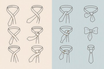 Elegant vector illustrations showcasing various tie knot styles with detailed step by step methods for mastering formal attire essential for sophisticated fashion expression