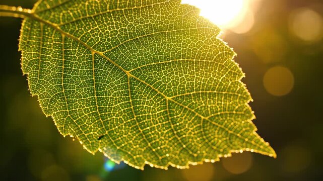 Close up of a green leaf with sunlight shining through its veins.