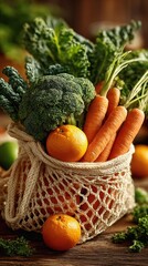 Holistic and Sustainable Lifestyle Resolutions, organic carrots, kale, broccoli, and oranges arranged in reusable mesh bag on rustic kitchen surface, highlighting clean eating essentials